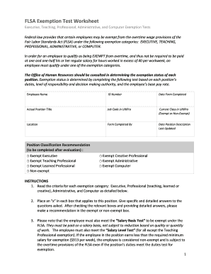 Fillable Online seattlearchdiocese FLSA Exemption Test Worksheet -  Archdiocese of Seattle - seattlearchdiocese Fax Email Print - pdfFiller