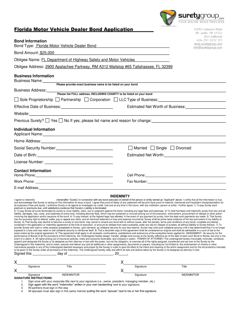 Fillable Online Florida Motor Vehicle Dealer Bond Application Fax Email