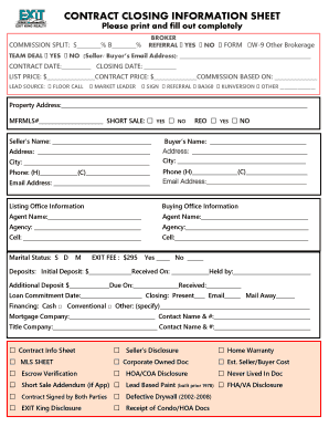 Fillable Online CONTRACT CLOSING INFORMATION SHEET Please print and