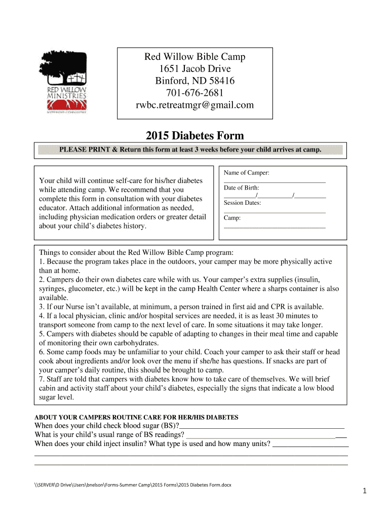 Fillable Online redwillowbiblecamp 2015 Diabetes Form Red Willow