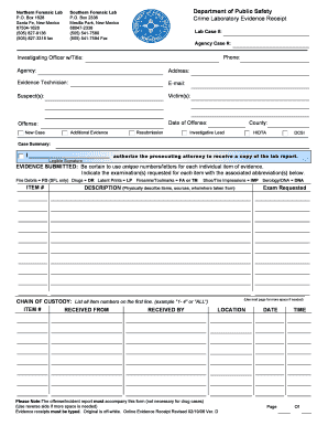 Department of Public Safety Crime Laboratory Evidence Receipt