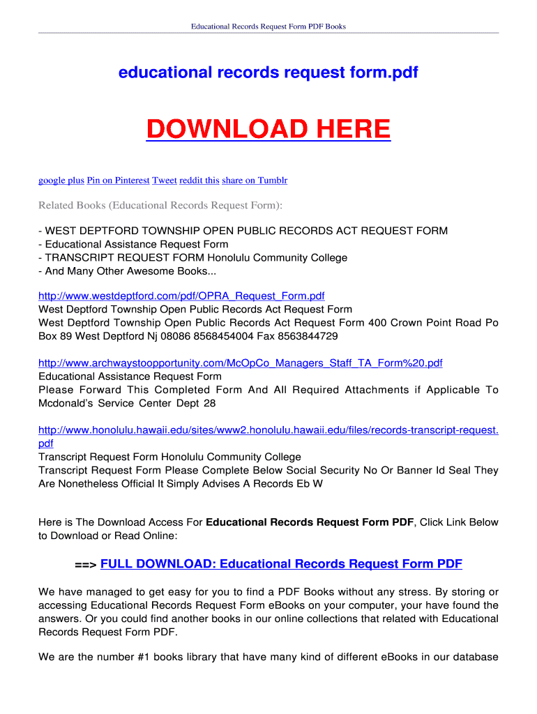 Fillable Online ebookee Educational Records Request Form ebookee.us
