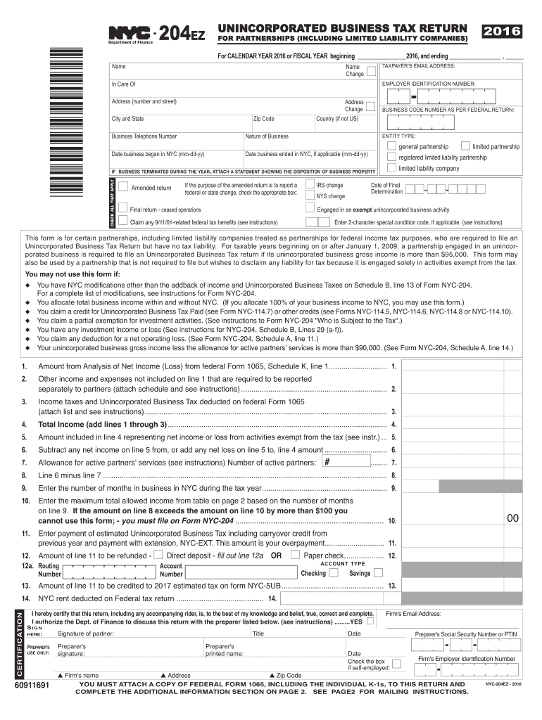 nyc 204 ez instructions 2016 form Preview on Page 1