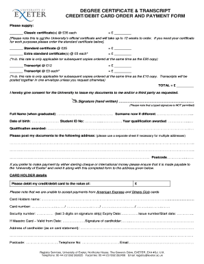 DEGREE CERTIFICATE & TRANSCRIPT CREDIT/DEBIT - as exeter ac