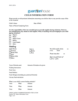 Fillable Online guardianhouse INFANT INFORMATION FORM - Guardian House ...