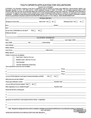 YOUTH SPORTS APPLICATION FOR VOLUNTEERS