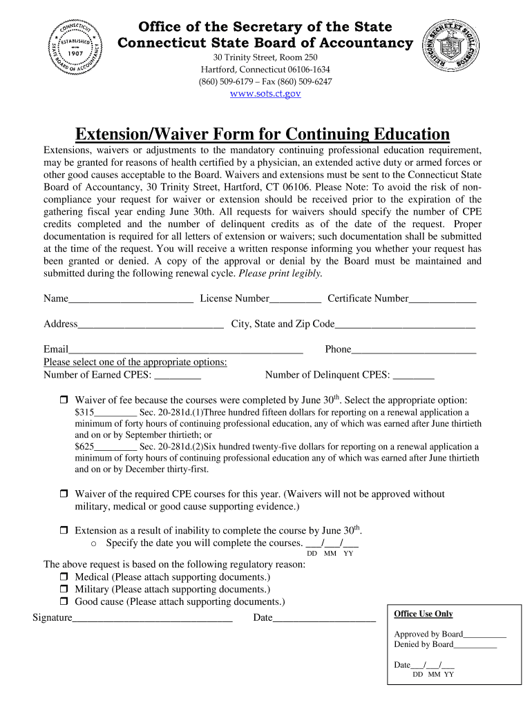 Fillable Online ct Extension/Waiver Form for Continuing Education CT