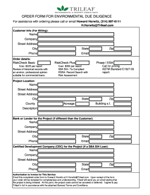 ORDER FORM FOR ENVIRONMENTAL DUE DILIGENCE