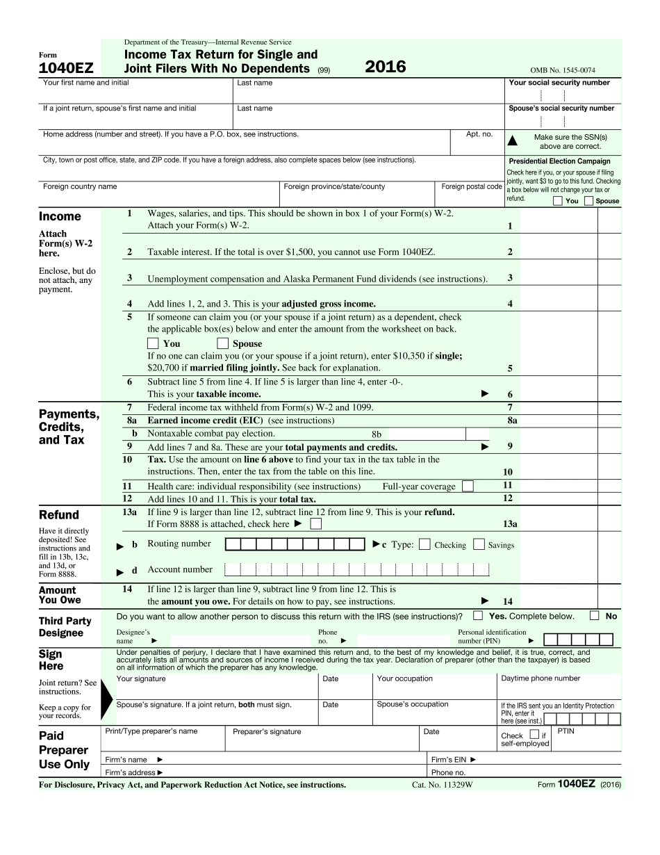 Fill In IRS 1040-EZ