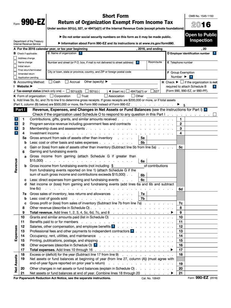 2016 form 990 ez Preview on Page 1
