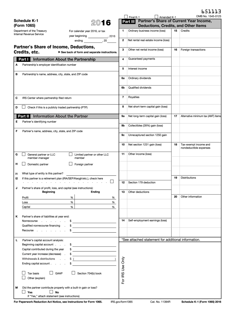 2016 Form Irs 1065 Schedule K 1 Fill Online Printable. irs income tax chart...