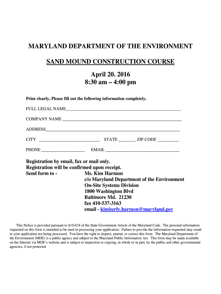 Fillable Online mde state md SAND MOUND CONSTRUCTION COURSE Fax Email