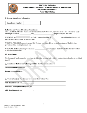 Amendment to Statewide School Readiness Provider Contract Form OEL-SR 20A