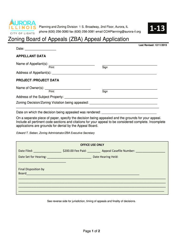 Fillable Online aurorail Zoning Board of Appeals (ZBA) Appeal Application Aurora Fax Email