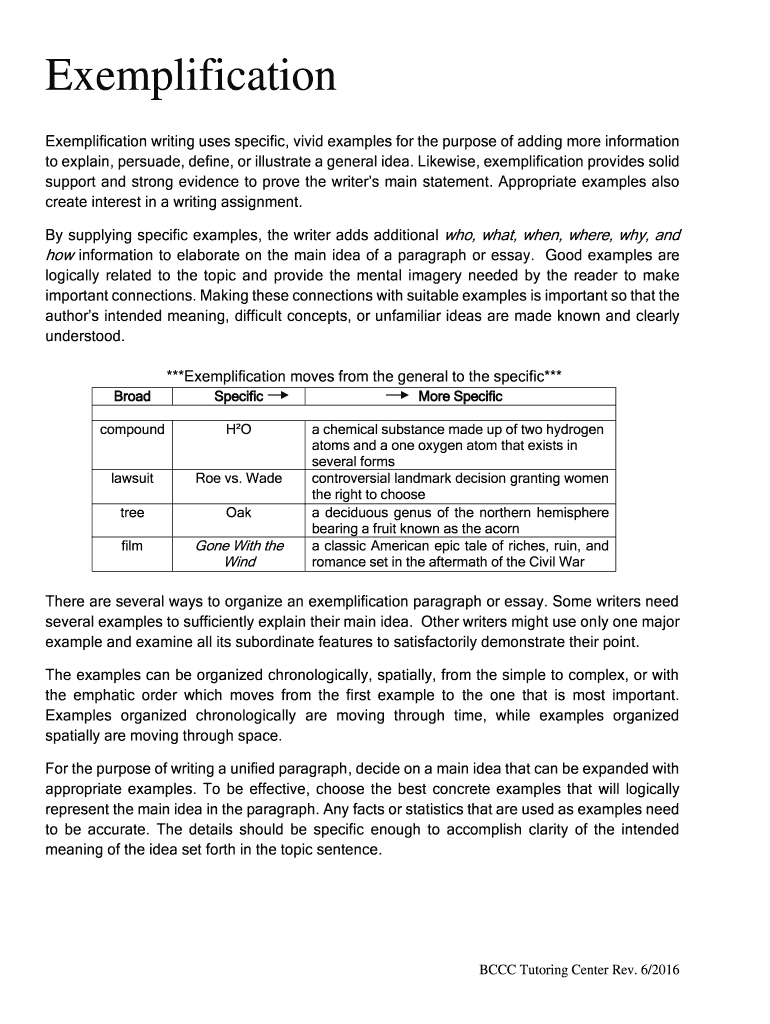 Fillable Online Exemplification writing uses specific, vivid examples ...