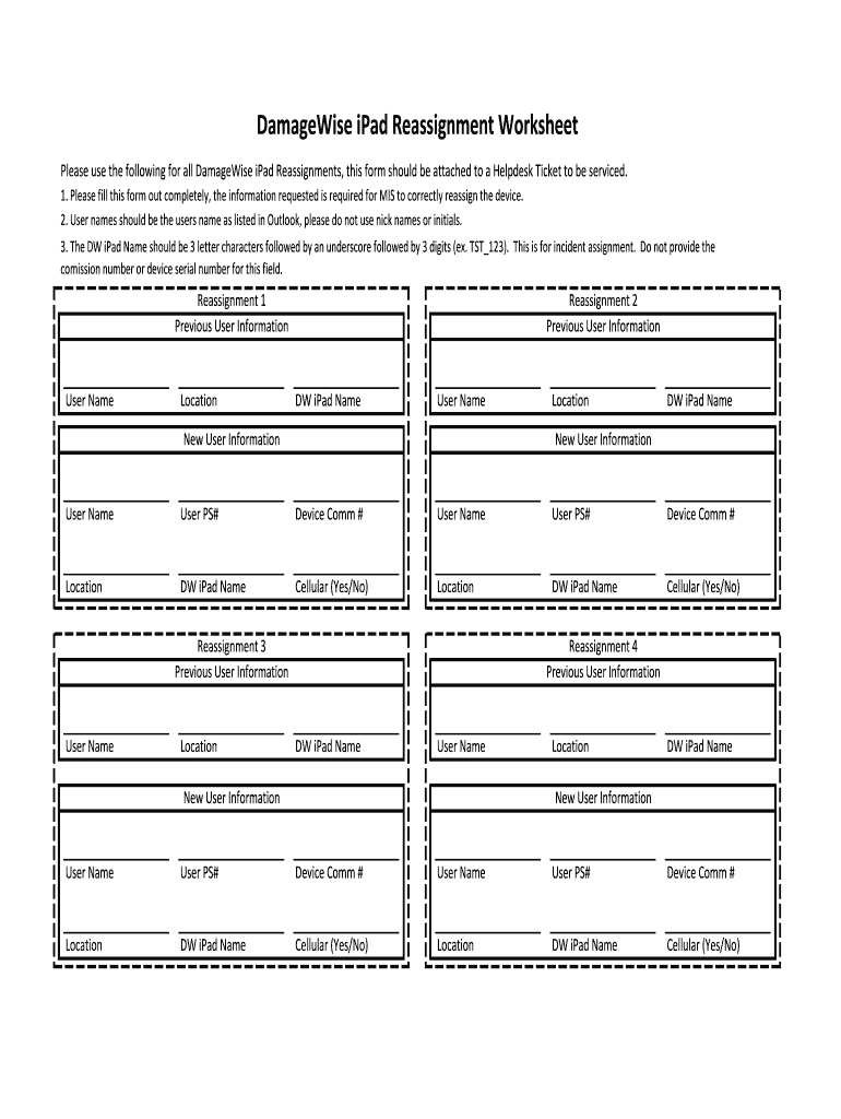 Fillable Online in DamageWise iPad Reassignment Worksheet Fax Email ...