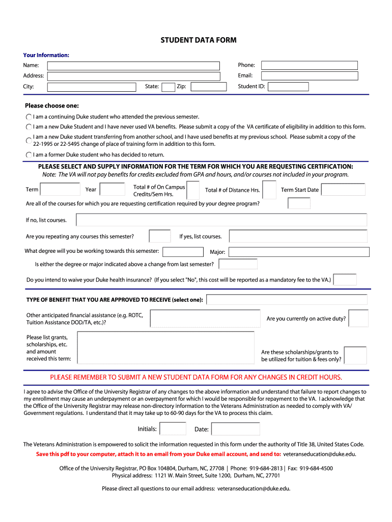 Fillable Online registrar duke VA Benefits Enroll Form.pdf Fax Email ...