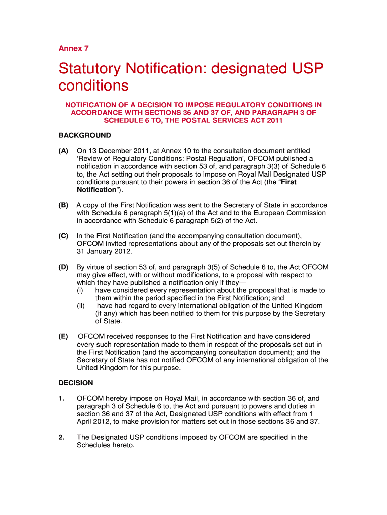 Fillable Online Statutory Notification designated USP Fax Email Print pdfFiller