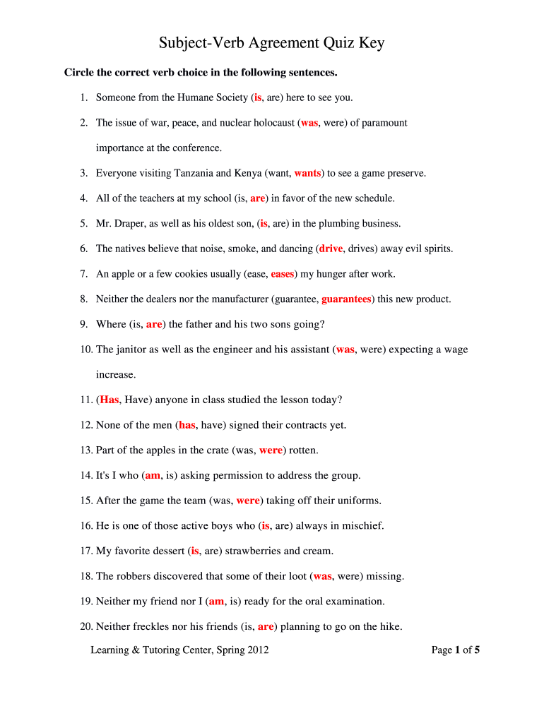 Subject Verb Agreement Worksheets With Answers - Fill Online Within Subject Verb Agreement Worksheet