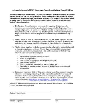 Acknowledge of Alcohol and Drug Policies Form - European Council - ecstudyabroad
