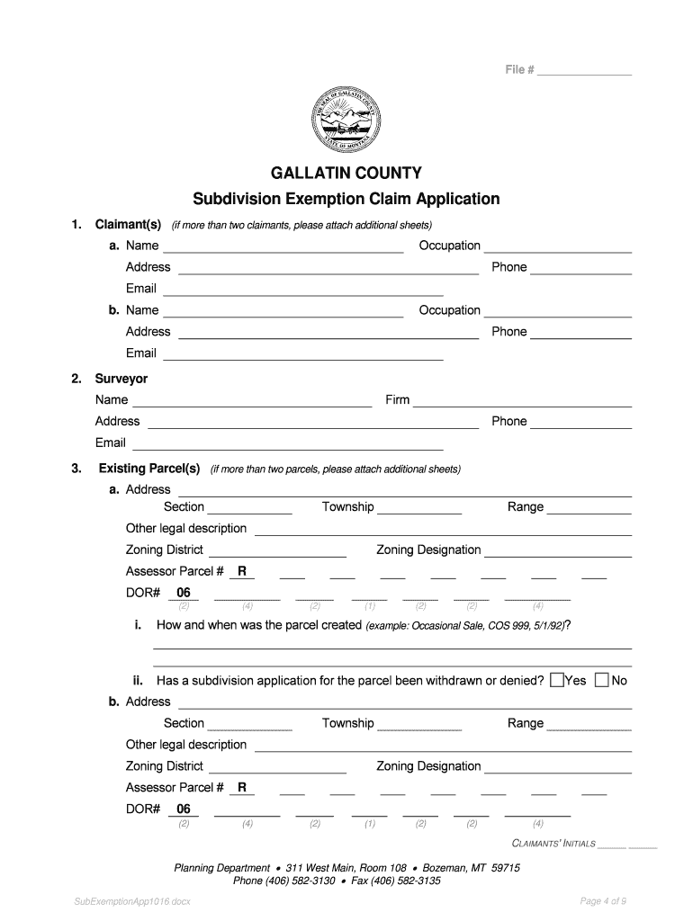 Fillable Online Subdivision Exemption Claim Application Fax Email Print