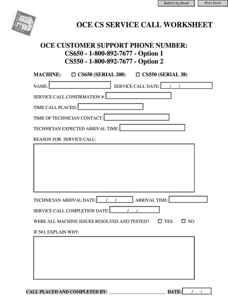 Fillable Online 64 233 240 OCE CS SERVICE CALL WORKSHEET Fax Email ...