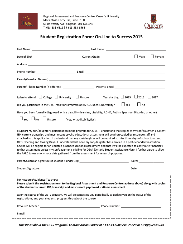 Student Registration Form: On-Line to Success 2015 - Queen's ... Preview on Page 1