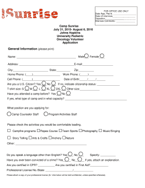 Camp Sunrise Volunteer Application