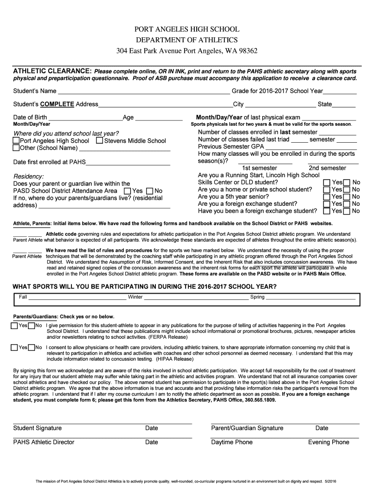 Fillable Online pahs portangelesschools PAHS Athletic Clearance Form