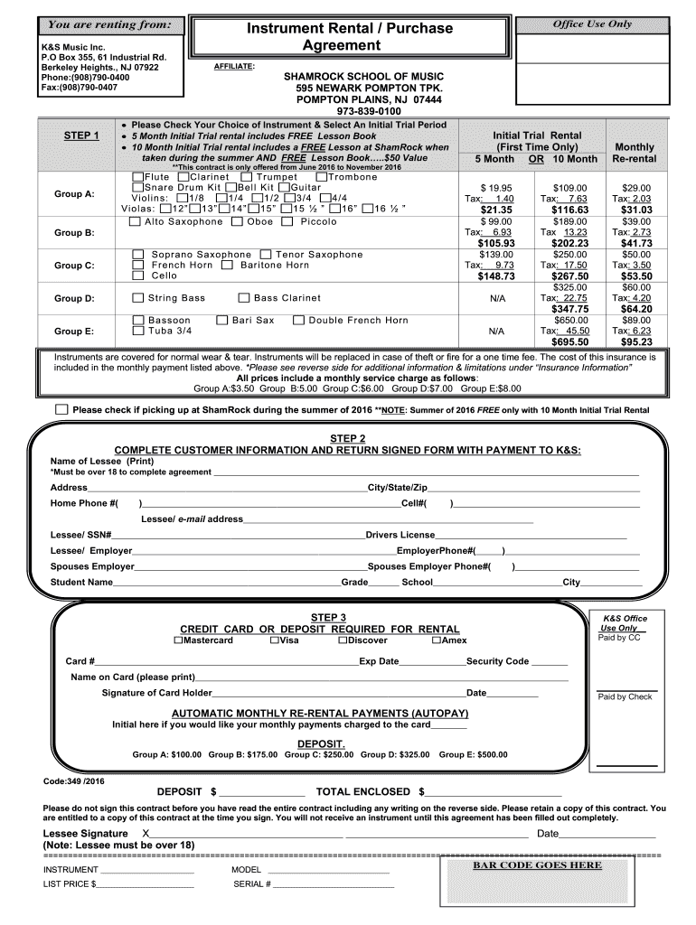 Rental Agreement - ShamRock School of Music Preview on Page 1