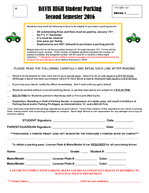 Fillable Online DAVIS HIGH Student Parking Second Semester 2016 Fax ...