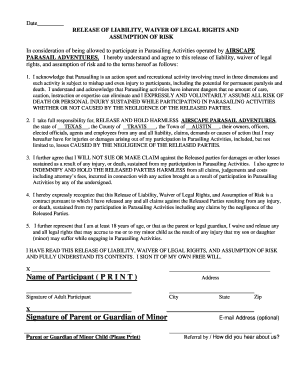 Fillable Online RELEASE OF LIABILITY, WAIVER OF LEGAL RIGHTS AND Fax ...
