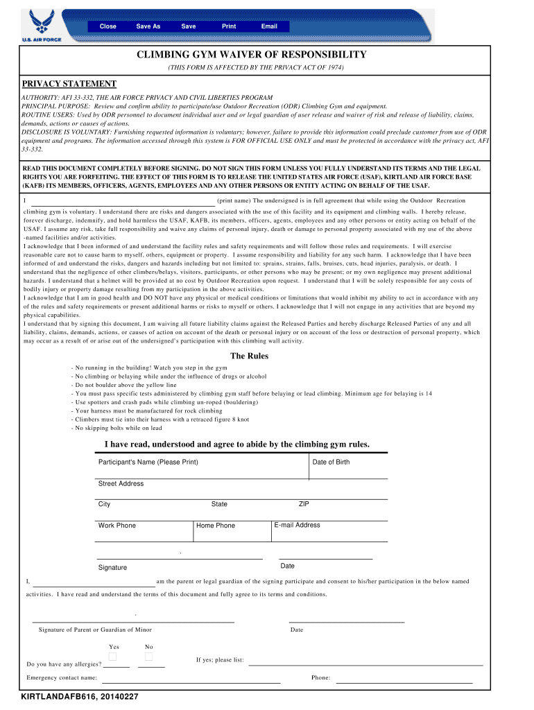 Fillable Online CLIMBING GYM WAIVER OF RESPONSIBILITY Fax Email Print ...