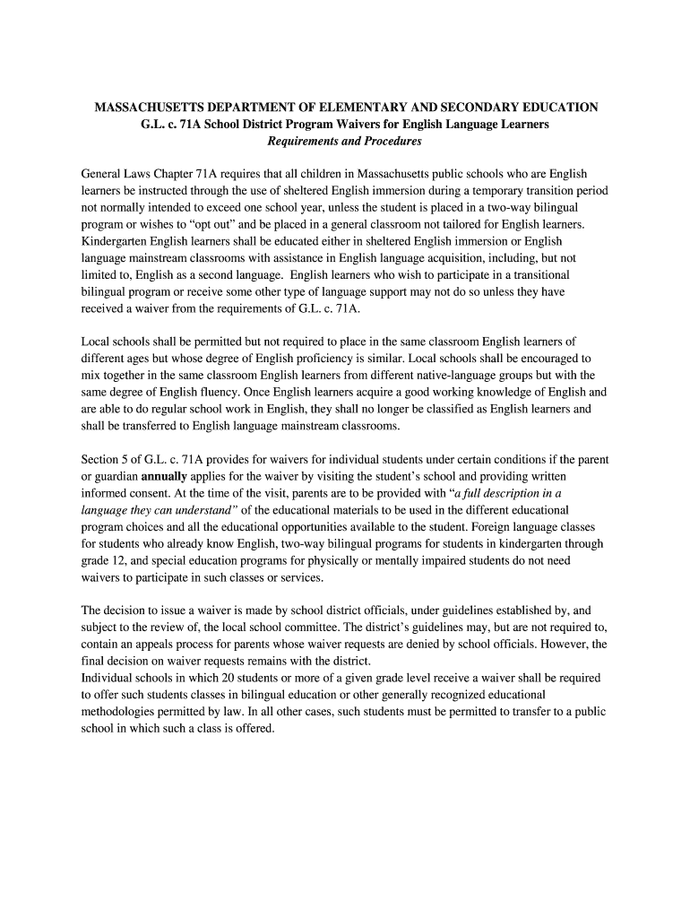 Fillable Online doe mass Waiver Requirements and Procedures (English). ELL Translation document