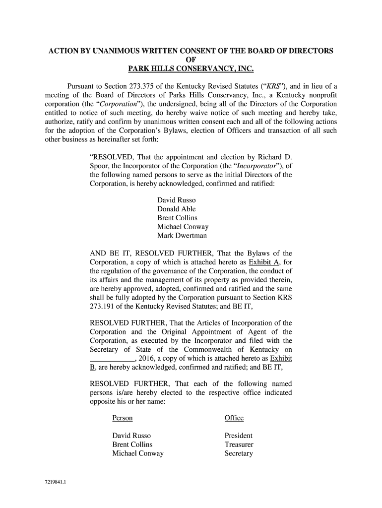 Fillable Online parkhillsky Initial Resolutions by the Directors - Park ...