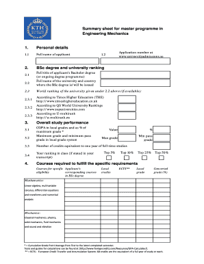 Fillable Online kth Summary sheet for master programme in Fax Email ...