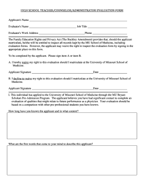 HIGH SCHOOL TEACHER/COUNSELOR/ADMINISTRATOR EVALUATION FORM - medicine missouri