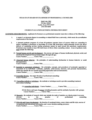 LPC Course Evaluation/Licensing Information Sheet. Forms and Form Information - dshs texas