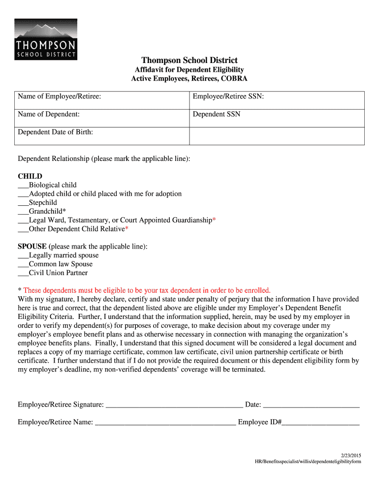 Fillable Online Thompson School District Affidavit for Dependent