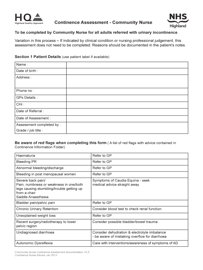 Fillable Online Continence Assessment Community Nurse Fax Email Print