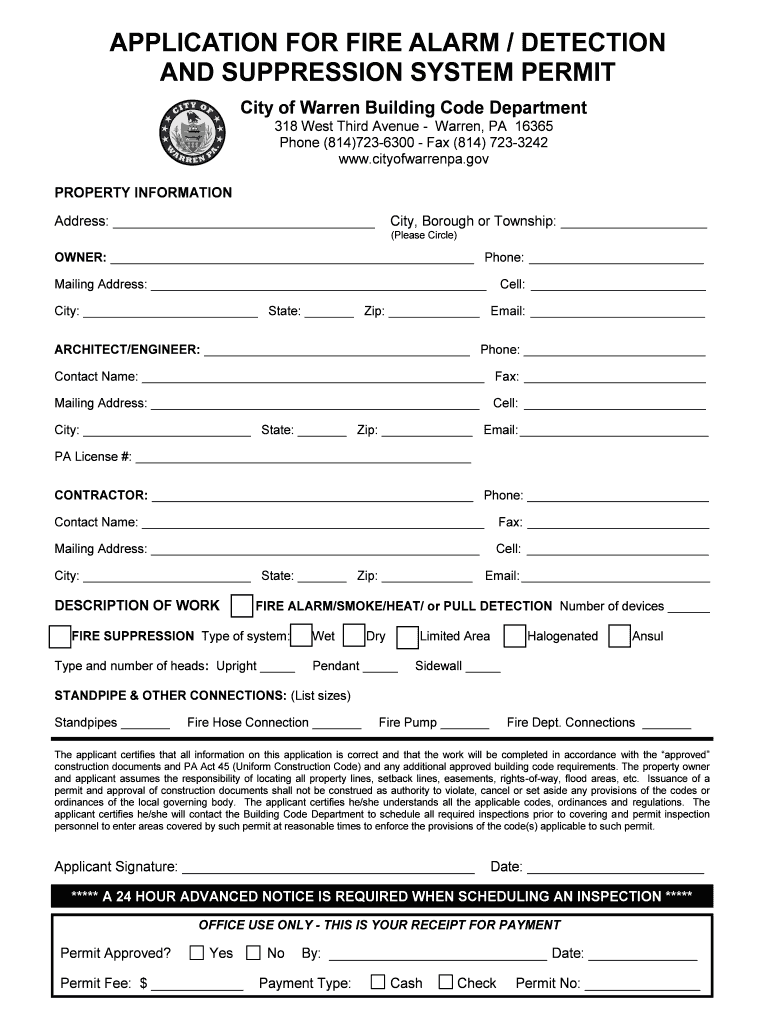 Fillable Online cityofwarrenpa APPLICATION FOR FIRE ALARM / DETECTION ...