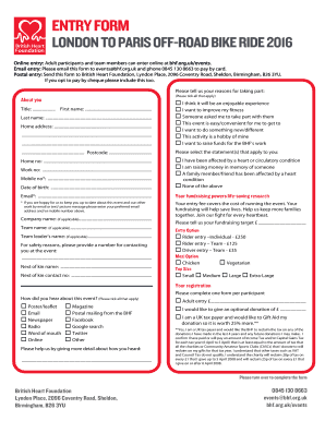 ENTRY FORM LONDON TO PARIS OFF -ROAD BIKE RIDE 2016