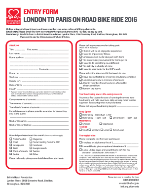 ENTRY FORM LONDONTO PARIS ON ROAD BIKE RIDE 2016 - bhf.org.uk