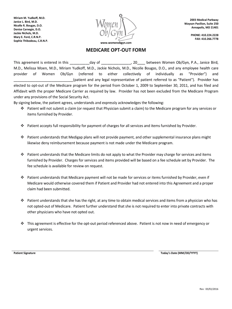Fillable Online medicare optout form Women OB/GYN of Annapolis, MD