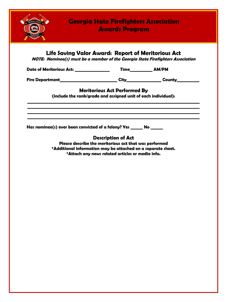 Fillable Online gsffa Life Saving Valor Award: Report of Meritorious Act Fax Email Print - pdfFiller