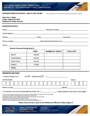 BOOKING FORM/TAX INVOICE - West Coast Eagles