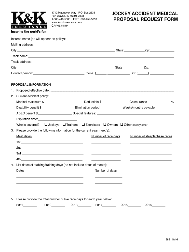 Fillable Online jockey accident medical proposal request form K&K