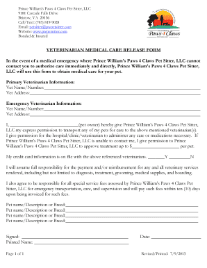printable pet sitter vet release form edit fill out download pet sitting veterinary release form