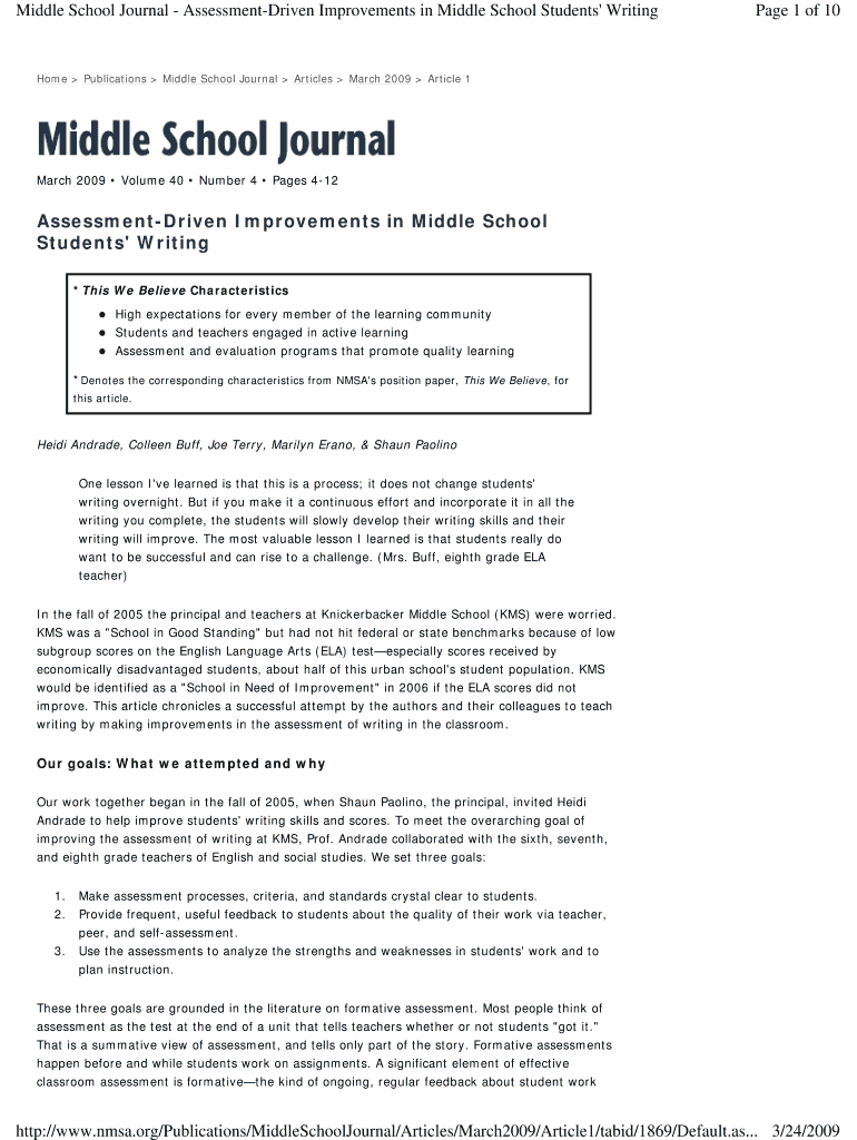 Fillable Online Middle School Journal - Assessment-Driven Improvements in Middle School Students ...