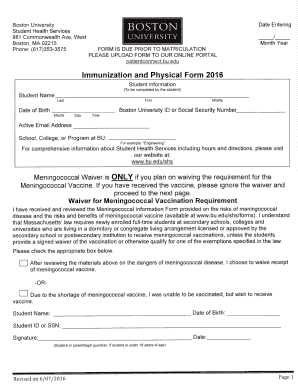 Boston University Immunization and Physical Form